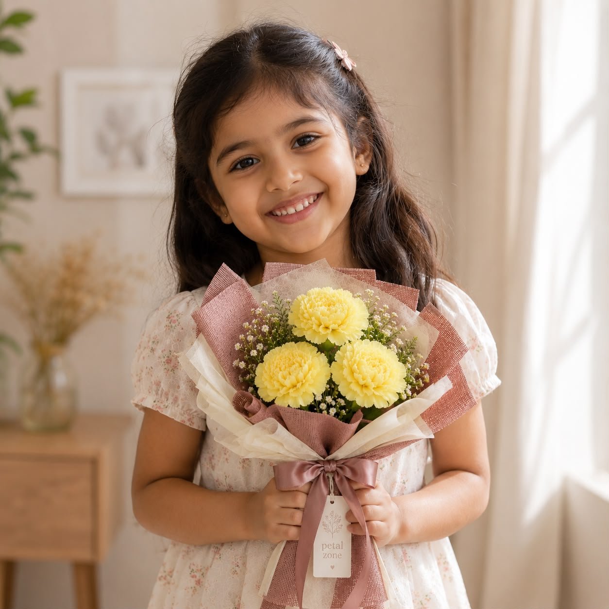 Three Blooms of Happiness – 3 Yellow Carnations Flat Bouquet 2