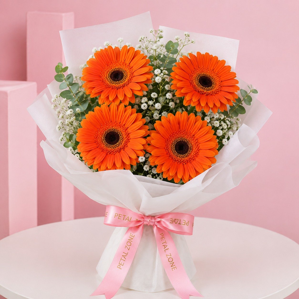 Tangerine Petals of Joy – 5 Orange Gerberas Flat Bouquet 2