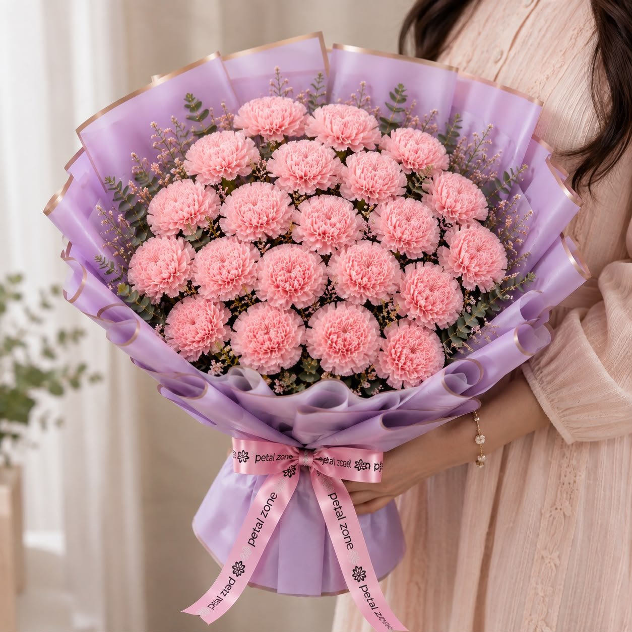 A Garden of Blush & Grace – 25 Pink Carnations Flat Bouquet 2