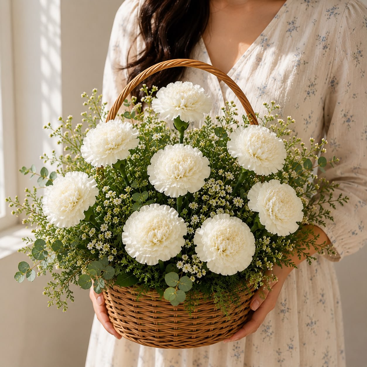 A Basket of Pure Grace – 8 White Carnations Basket 2
