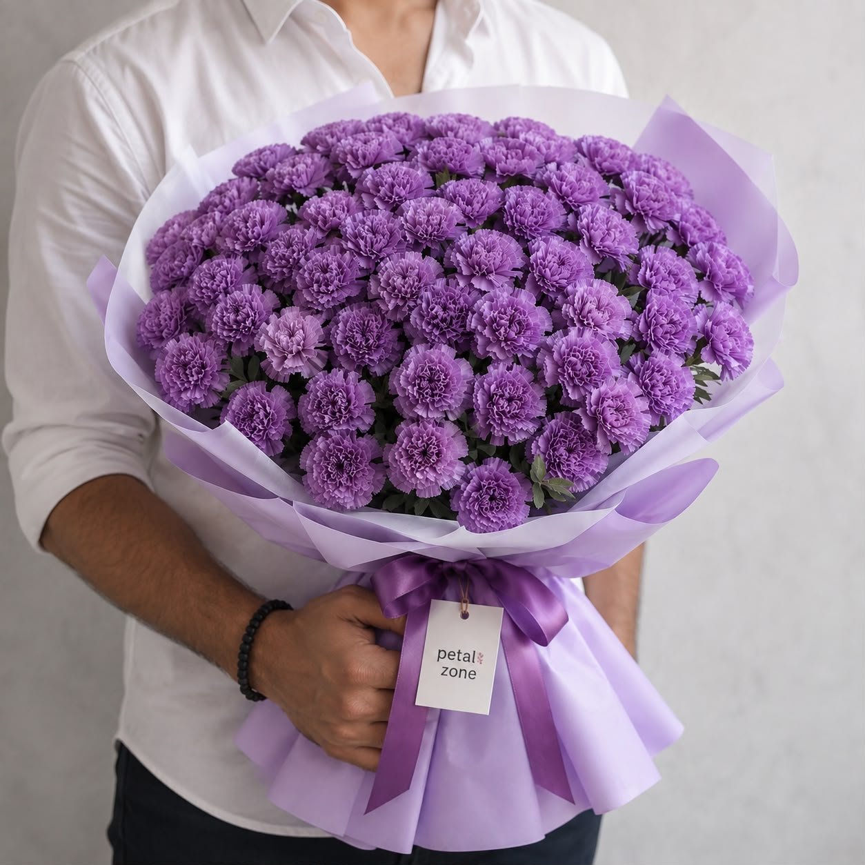 A Sea of Royal Blooms – 50 Purple Carnations Flat Bouquet 2