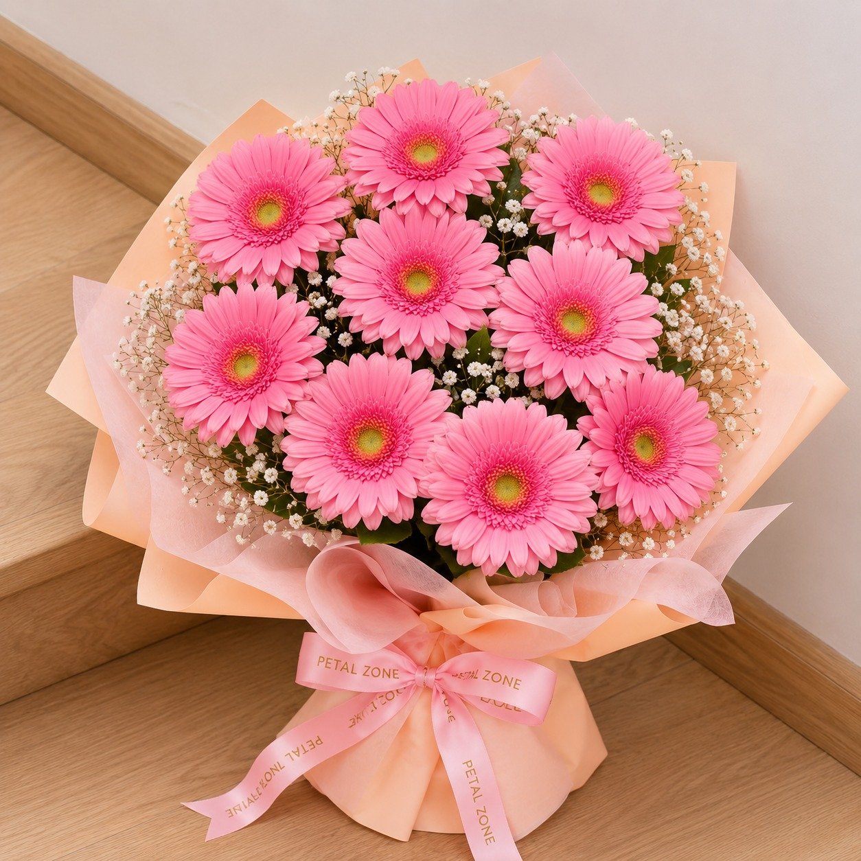 A Bouquet of Blush Happiness – 10 Pink Gerberas Flat Bouquet