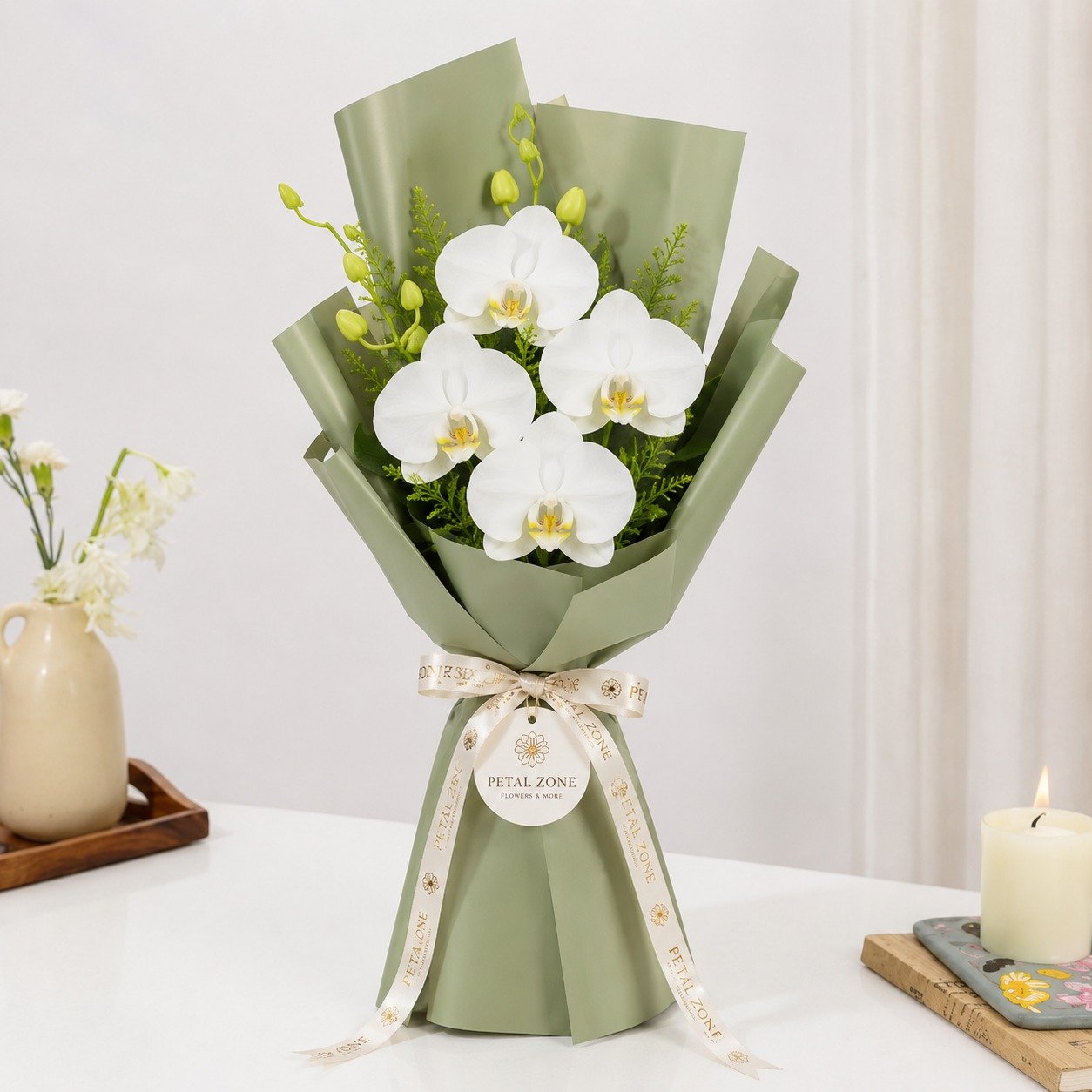 Petals of Pure Elegance – 5 White Orchids One-Sided Bouquet