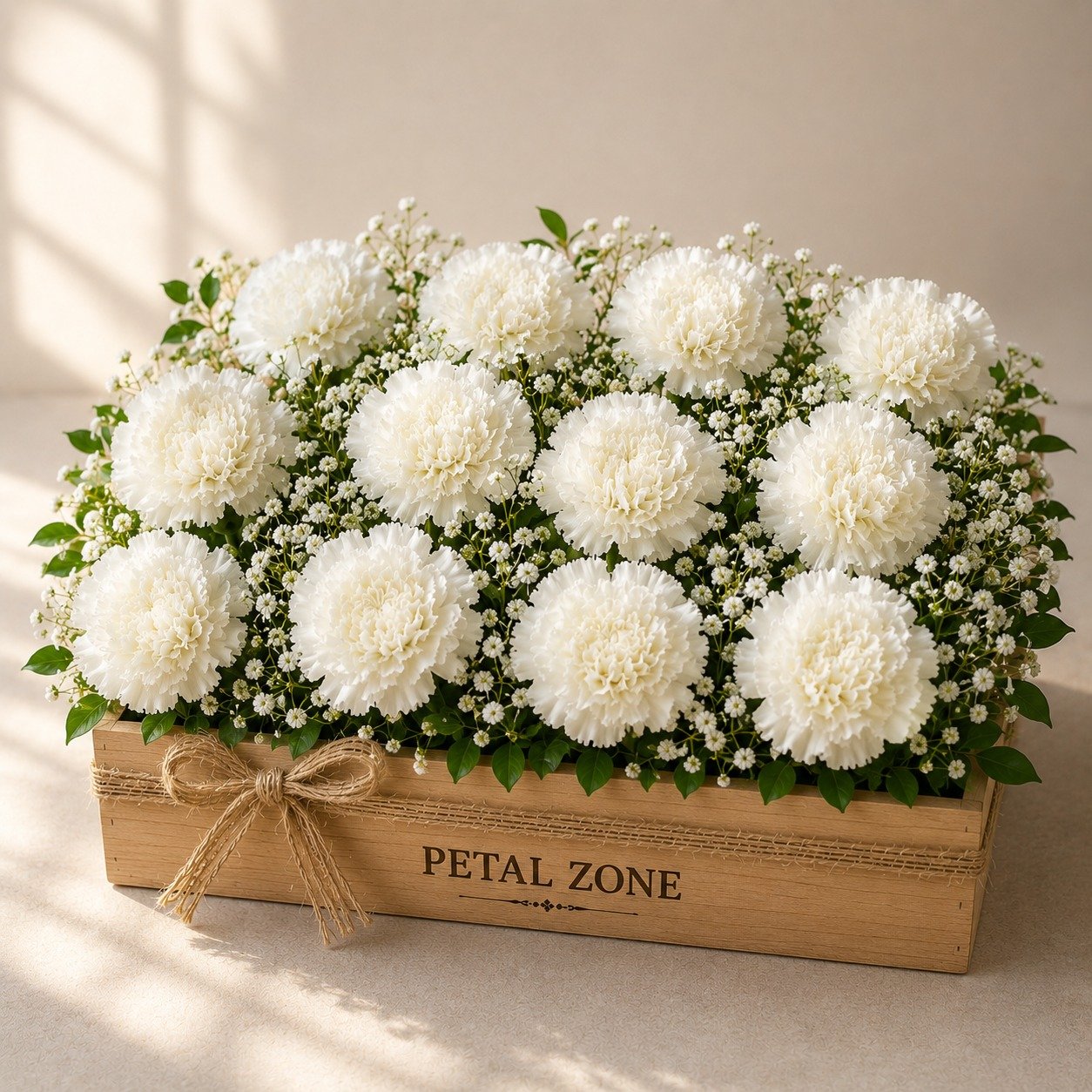 A Dozen Petals of Elegance – 12 White Carnations Wooden Tray