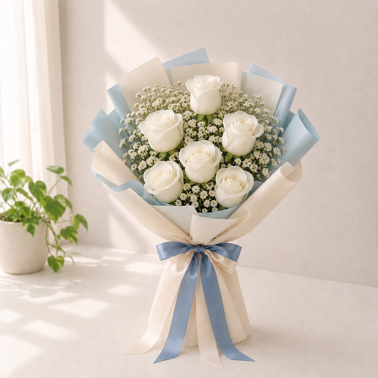Elegant Fresh 5 White Roses Flower Flat Bouquet