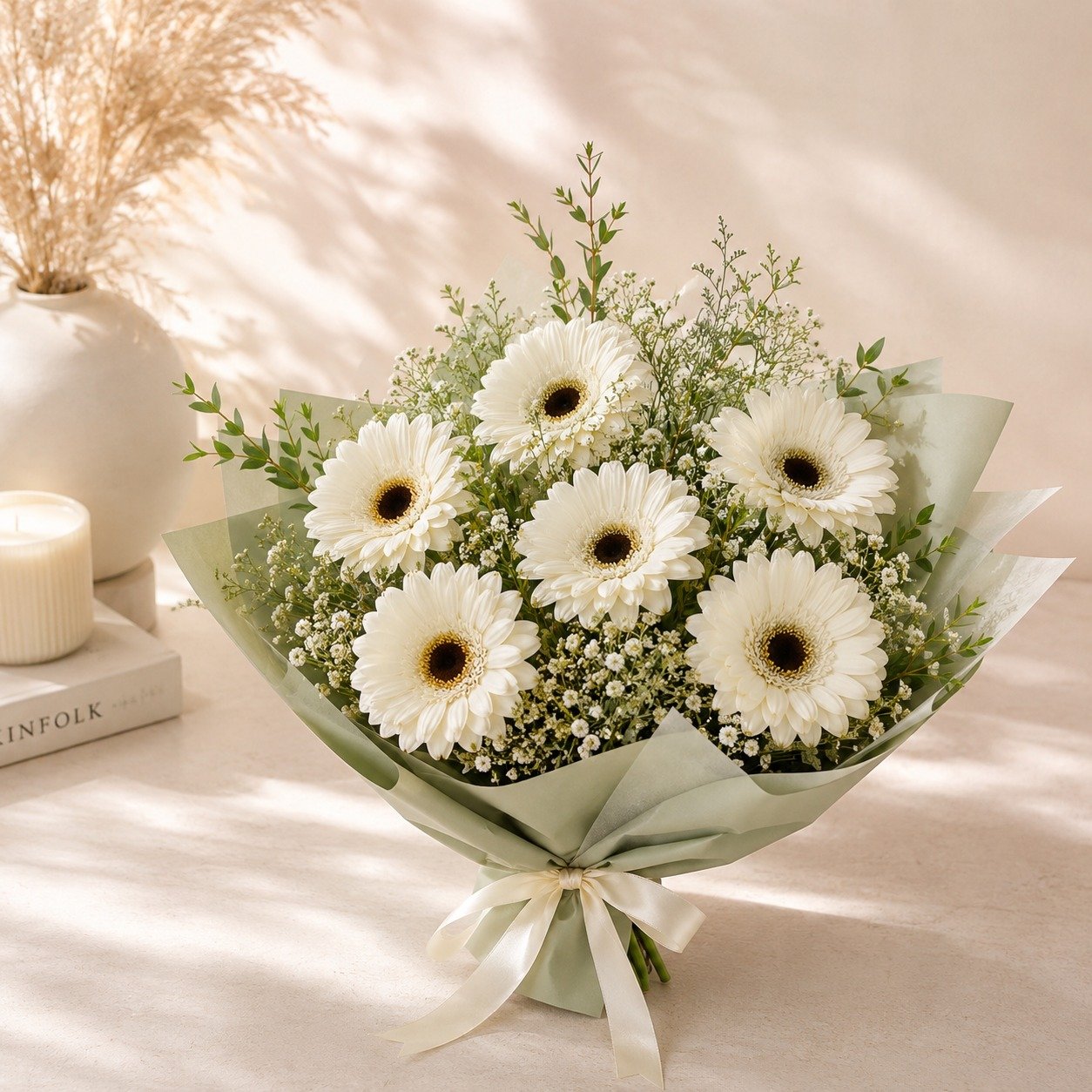 Seven Blooms of Serenity – 7 White Gerberas Flat Bouquet
