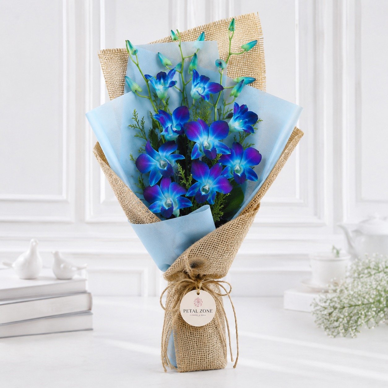 A Cascade of Blue Dreams – 10 Blue Orchids One-Sided Bouquet