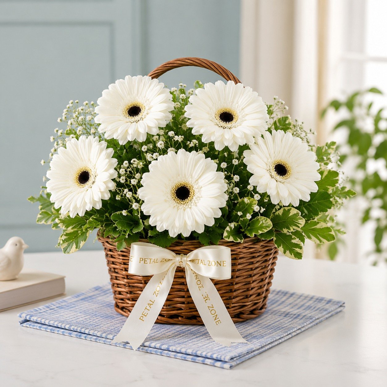 Petals of Pure Elegance – 5 White Gerberas Basket