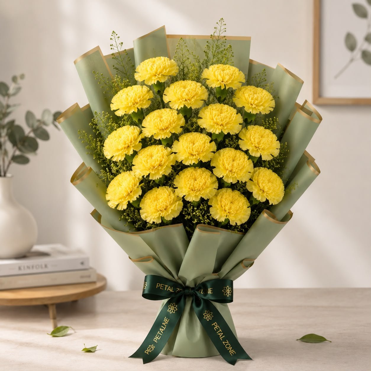 Eighteen Blooms of Joy – 18 Yellow Carnations Flat Bouquet