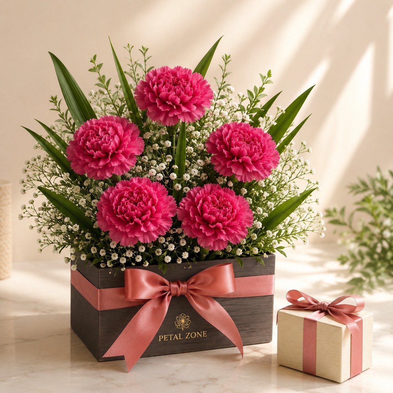 Velvet Affection on Wood – 5 Dark Pink Carnations Wooden Tray