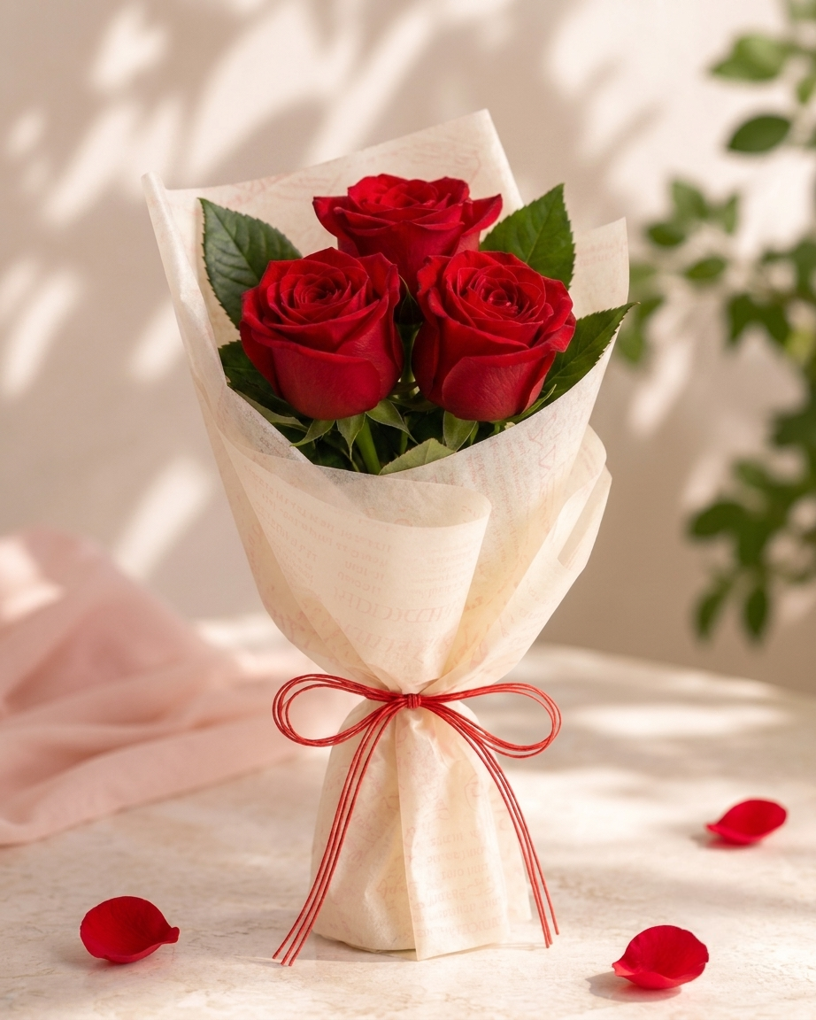 Elegant Fresh 3 Roses Flower Flat Bouquet
