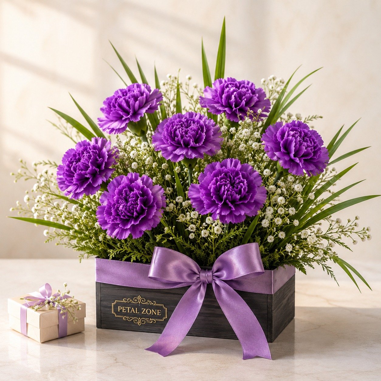 Royal Charm on Wood – 8 Purple Carnations
