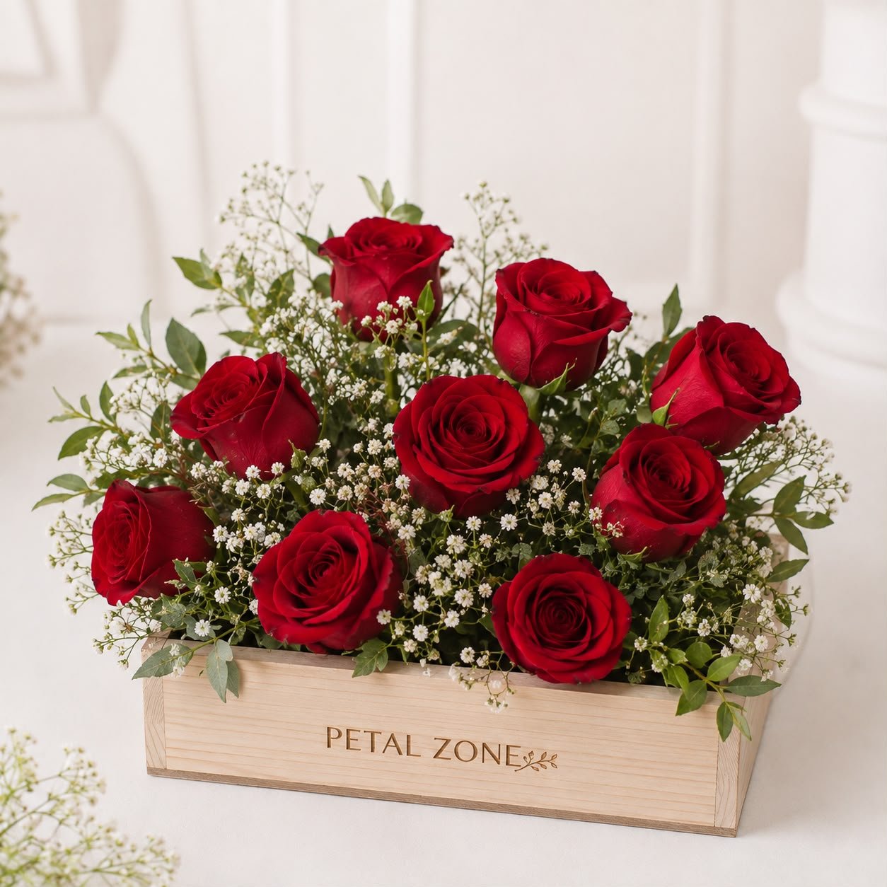 A Tray of Crimson Charm – 8 Red Roses Wooden Tray