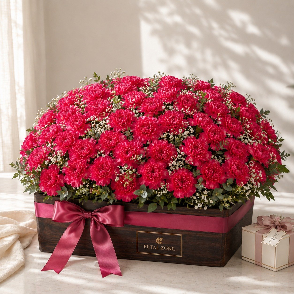 A Hundred & One Blooms of Passion – 101 Dark Pink Carnations Wooden Tray