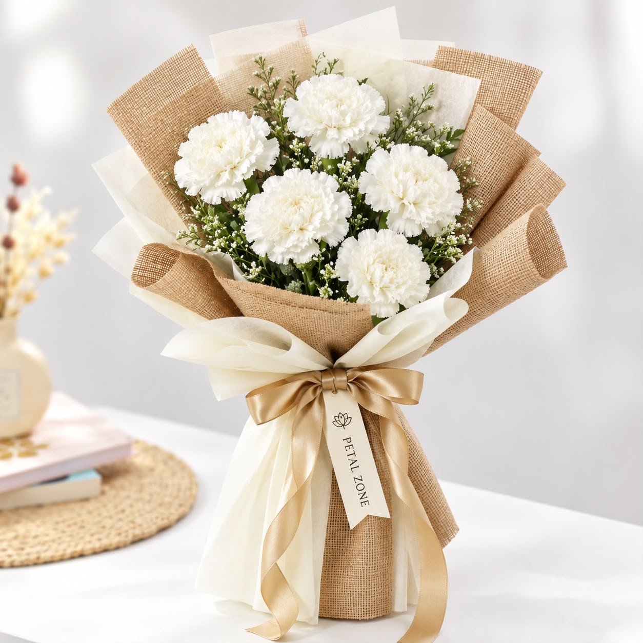 Soft Petals of Grace – 5 White Carnations Flat Bouquet