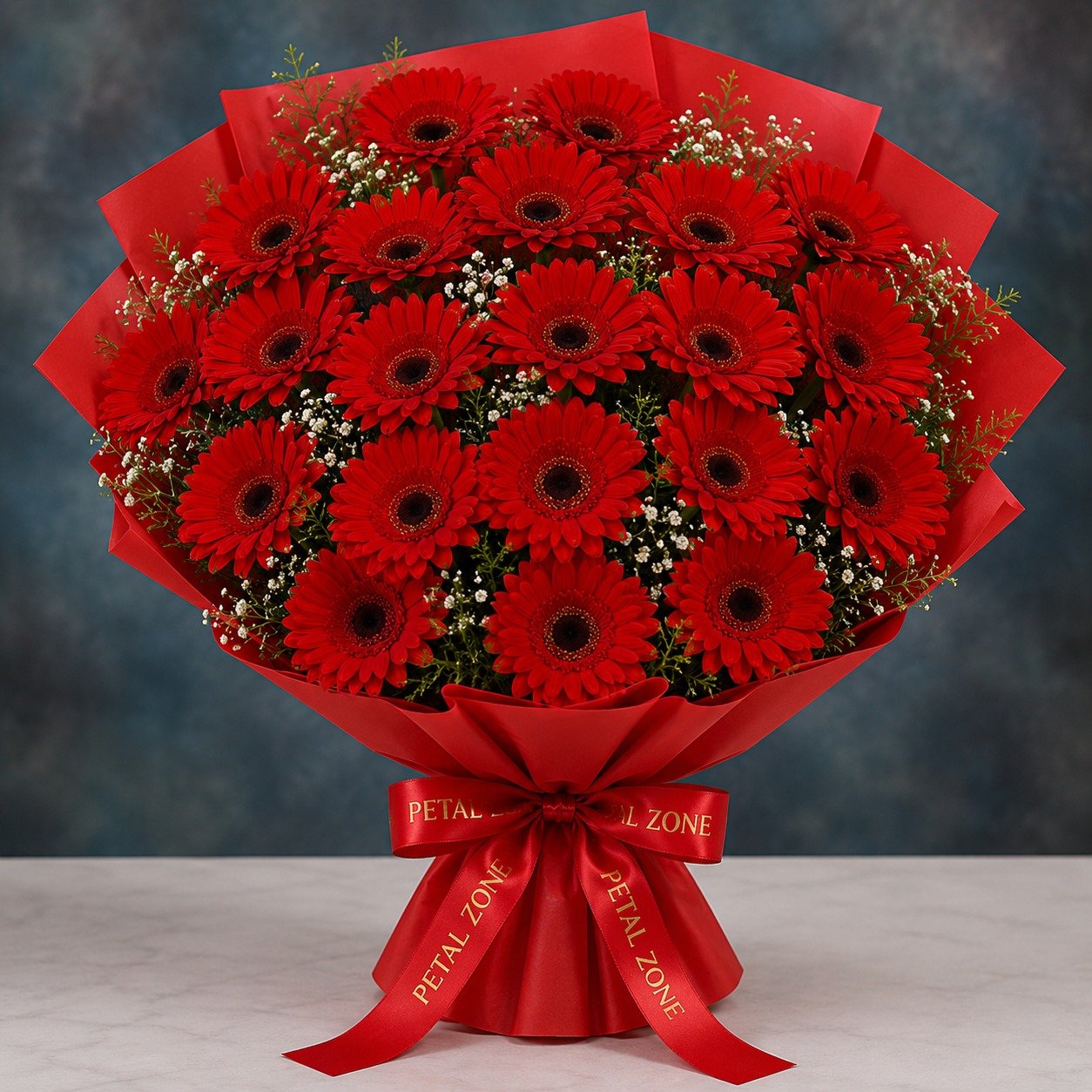 A Cascade of Scarlet Love – 20 Red Gerberas Flat Bouquet