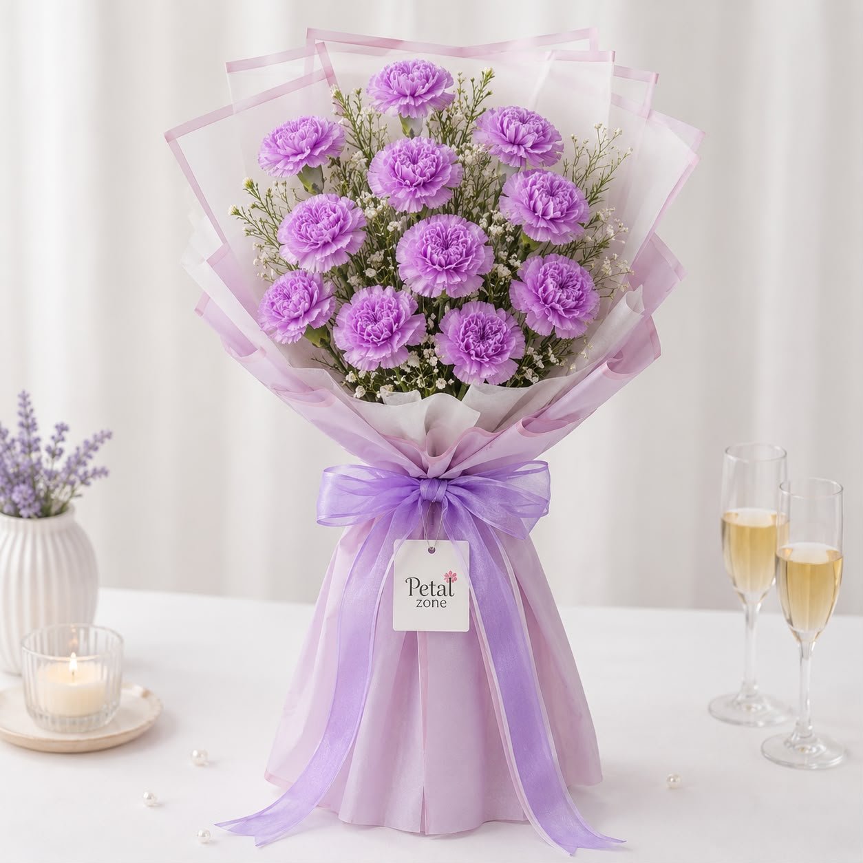 A Dozen Petals of Majesty – 12 Purple Carnations Flat Bouquet