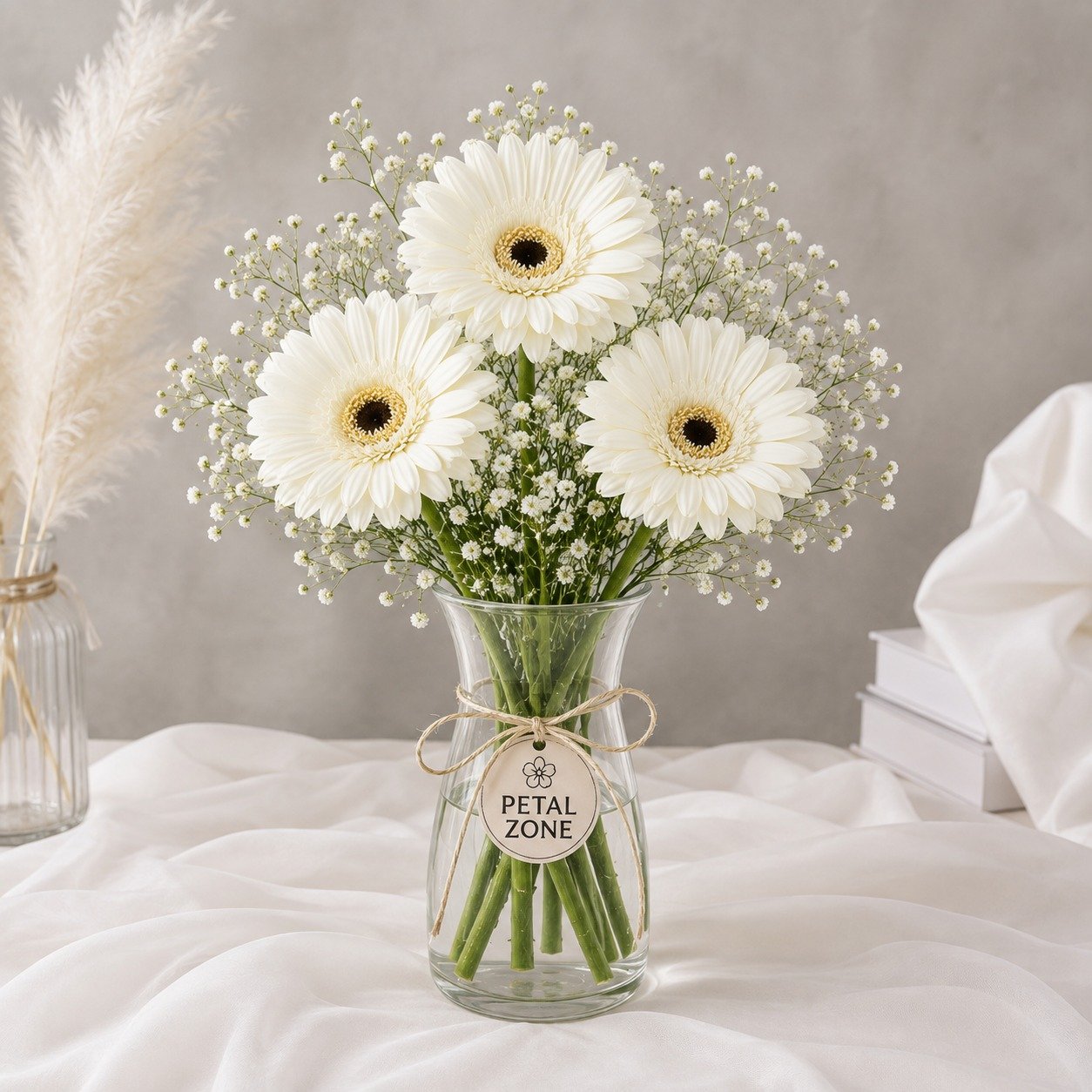 Three Blooms of Pure Grace – 3 White Gerberas Vase