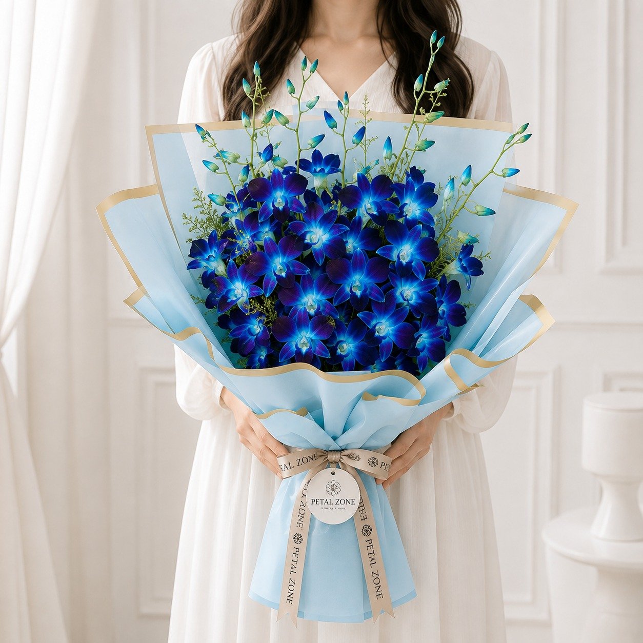 A Symphony of Azure Blooms – 20 Blue Orchids One-Sided Bouquet