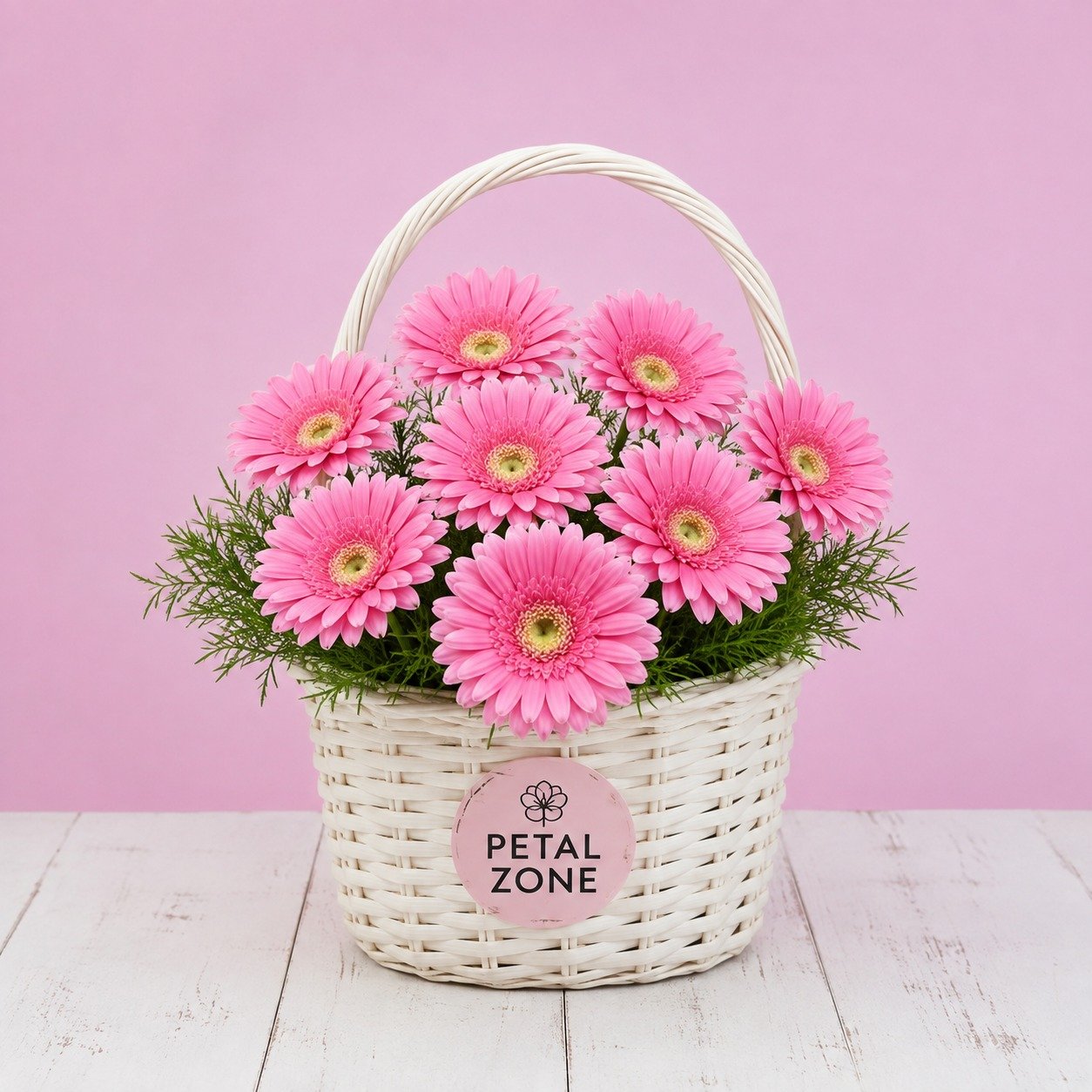 A Basket of Blush Happiness – 10 Pink Gerberas Basket