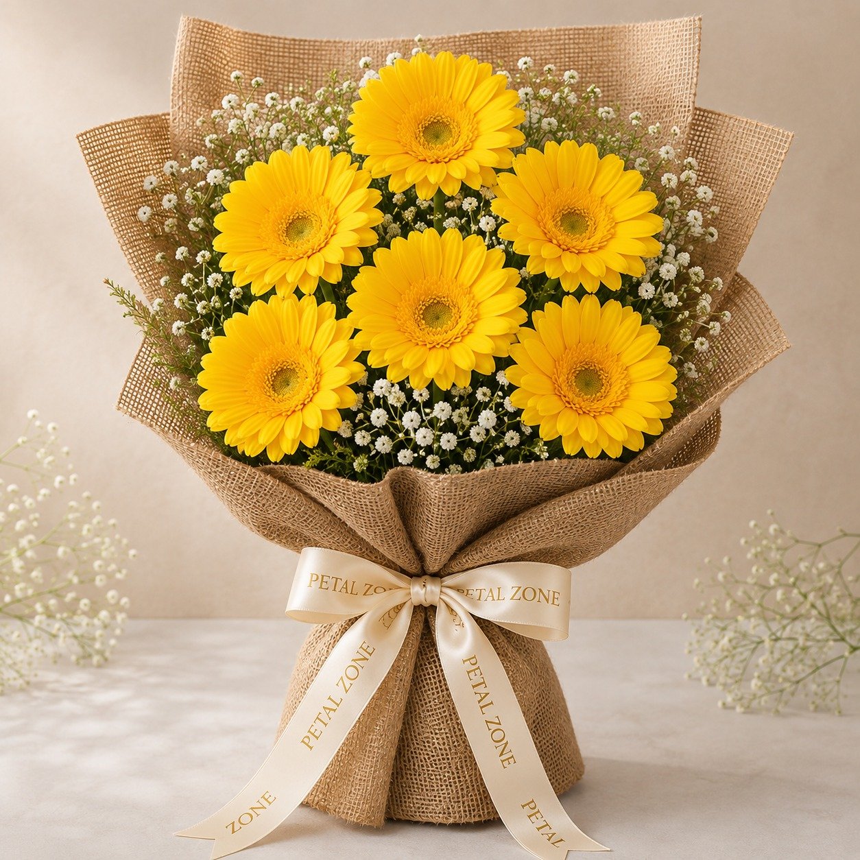 Seven Blooms of Happiness – 7 Yellow Gerberas Flat Bouquet