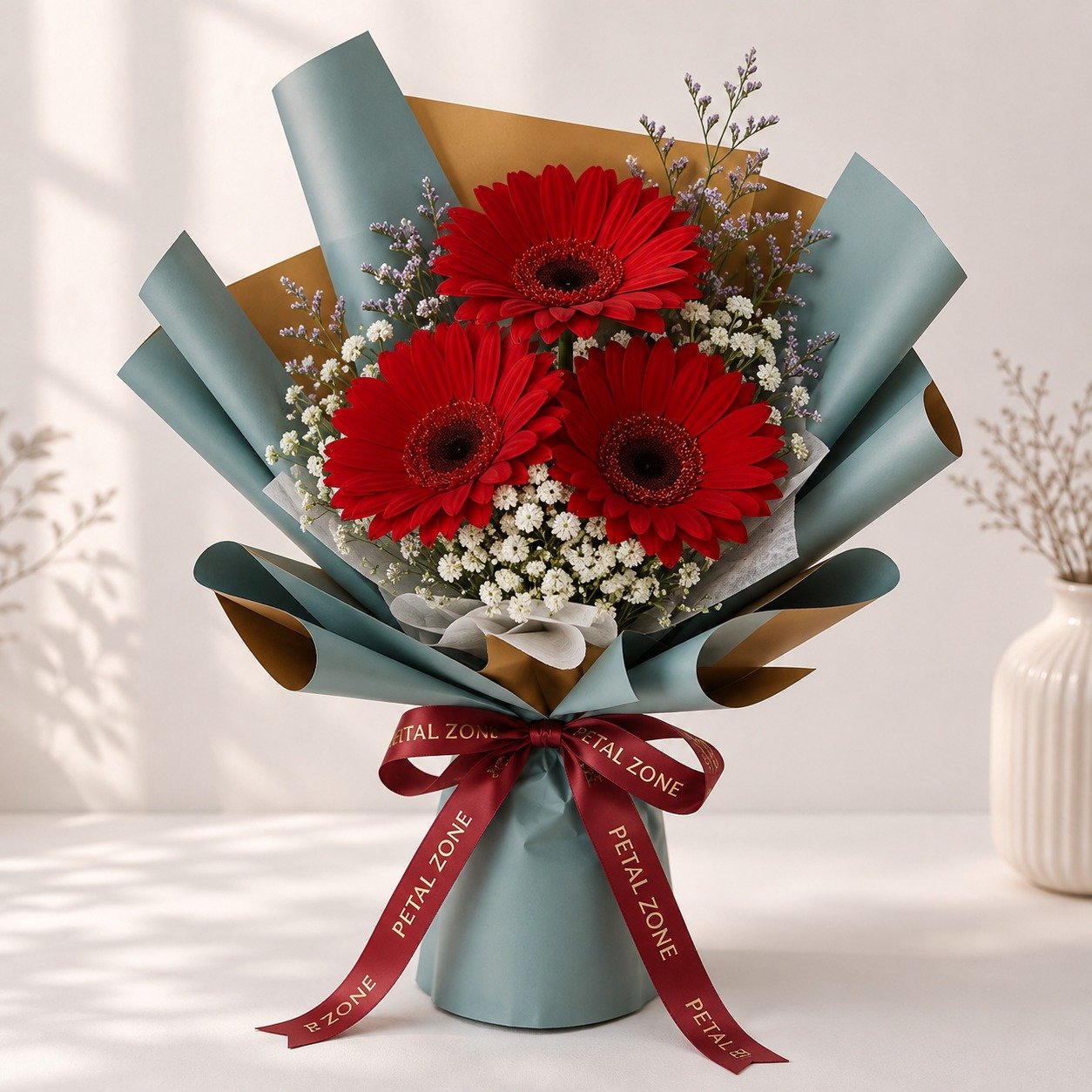 Three Blooms of Passion – 3 Red Gerberas Flat Bouquet